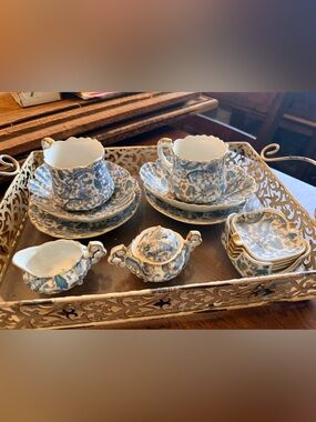 Lefton China Blue and Gold Porcelain Tea Set - Ashtray - Floral Paisley Pattern